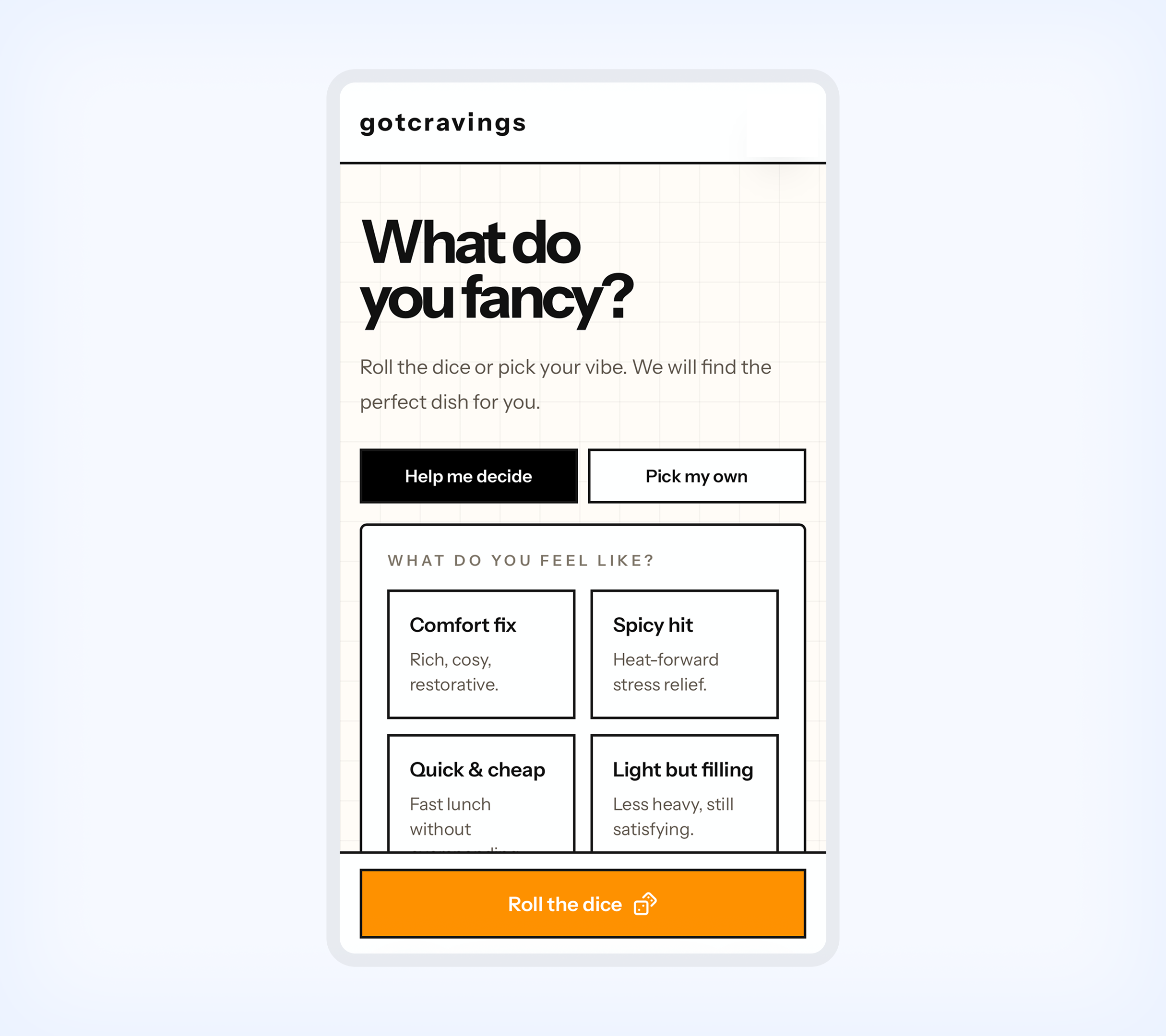A warm-toned preview of the gotcravings concept showing dish-first selection and constrained choice.