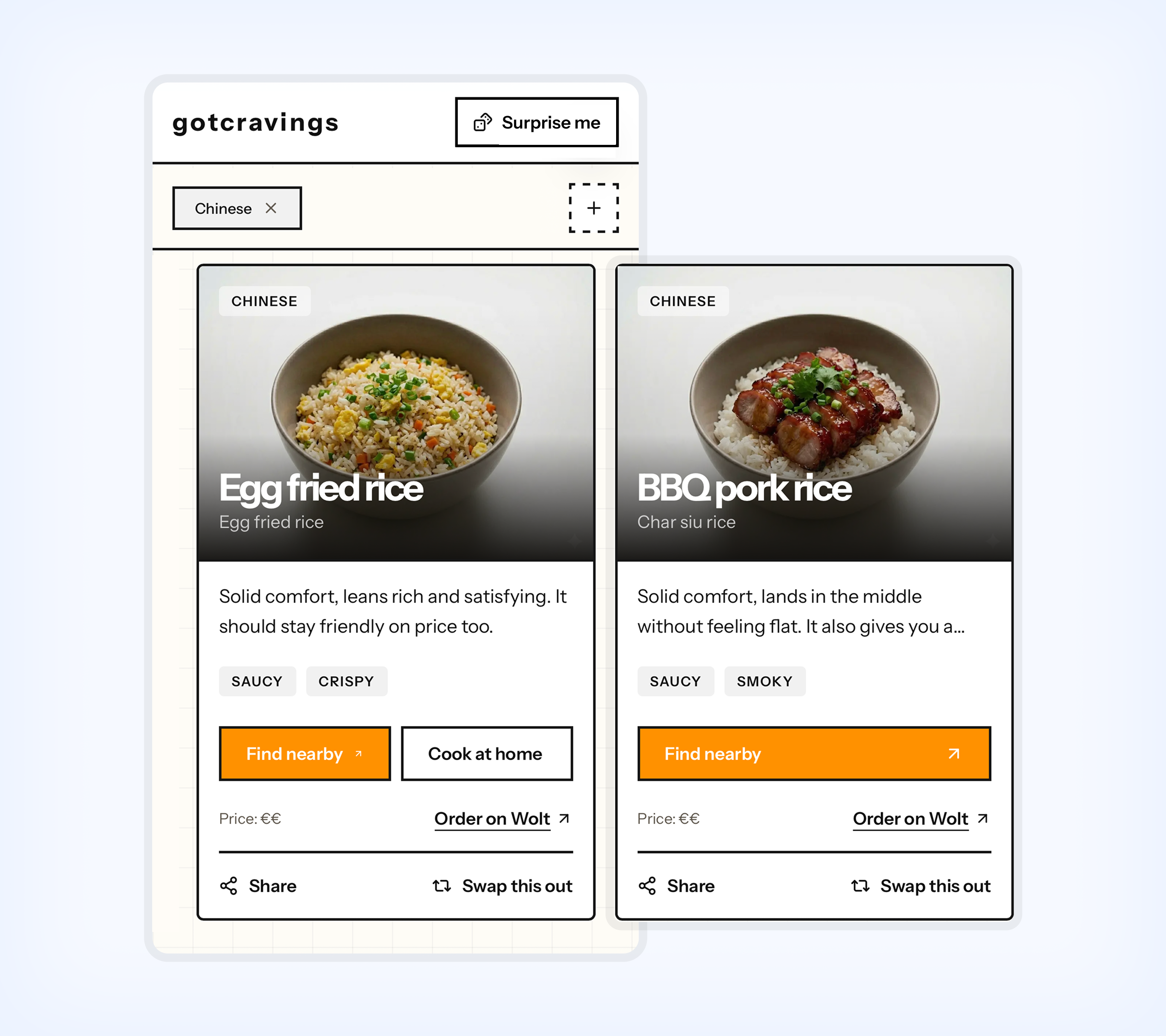 A warm-toned preview of the gotcravings concept showing dish-first selection and constrained choice.